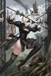 Rule 34 | 1girl, black dress, black footwear, black thighhighs, blindfold, boots, breasts, cleavage, cleavage cutout, clothing cutout, cloud, drag-on dragoon, dress, gloves, hairband, high heel boots, high heels, highres, holding, holding sword, holding weapon, juliet sleeves, katana, large breasts, long sleeves, mafuyu (867208837), nier (series), nier:automata, outdoors, panties, pantyshot, pod (nier:automata), puffy sleeves, ruins, short hair, silver hair, sky, sword, thigh boots, thighhighs, underwear, weapon, white panties, 2b (nier:automata)