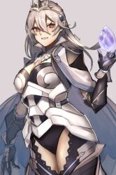Rule 34 | 1girl, armor, black leotard, breasts, cape, cleavage, corrin (female) (fire emblem), corrin (female) (silent bloodline) (fire emblem), corrin (fire emblem), crown, dragonstone, fire emblem, fire emblem fates, fire emblem heroes, frills, gloves, hair between eyes, hair ornament, highres, jewelry, large breasts, leotard, long hair, looking at viewer, nintendo, official alternate costume, pointy ears, red eyes, seinikuten, shoulder armor, solo, thighs, upper body, white hair