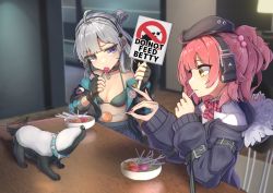 Rule 34 | 2girls, absurdres, beret, blue eyes, bowl, breasts, candy, collar, commission, english text, fingerless gloves, food, girls&#039; frontline, gloves, grey hair, hat, highres, honey badger, honey badger (girls&#039; frontline), llpfmfc, lollipop, long hair, medium breasts, mp7 (girls&#039; frontline), multiple girls, nail polish, off shoulder, red hair, red nails, side ponytail, skeb commission, yellow eyes