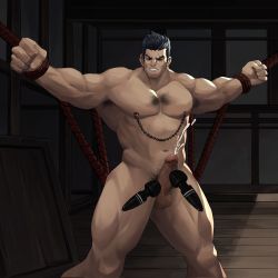 Rule 34 | 1boy, armpit hair, armpits, bara, bdsm, black hair, bondage, bound, clenched hands, closed eyes, completely nude, cum, darius (league of legends), ejaculation, erection, feet out of frame, hairy, highres, large pectorals, league of legends, male focus, manly, mature male, multicolored hair, muscular, muscular male, nipple chain, nipple piercing, nipples, nude, outstretched arms, pectorals, penis, piercing, pubic hair, rope, scar, scar on face, sex toy, short hair, solo, spiked hair, spread arms, spread legs, teeth, testicles, thick arms, thick eyebrows, thick thighs, thighs, vibrator, wanchibaby, white hair, wooden floor