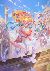 Rule 34 | 1girl, ahoge, armpits, artist name, atdan, bird, blue eyes, blue hair, blush, bug, butterfly, day, from below, hatsune miku, high heels, highres, holding, holding umbrella, insect, long hair, looking at viewer, open mouth, outdoors, signature, smile, solo, strappy heels, thighhighs, twintails, umbrella, very long hair, vocaloid, white thighhighs