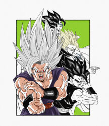 1boy absurdres black_hair blonde_hair border dougi dragon_ball dragon_ball_super dragon_ball_super_super_hero evolution fenyon gohan_beast green_background grey_hair highres long_hair makankousappou medium_hair muscular muscular_male pants potential_unleashed purple_pants purple_shirt red_eyes red_sash sash shirt simple_background sleeveless sleeveless_shirt son_gohan v-neck white_border white_hair