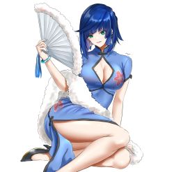 Rule 34 | 1girl, black footwear, blue dress, blue hair, blue nails, bracelet, breasts, china dress, chinese clothes, cleavage, cleavage cutout, clothing cutout, diagonal bangs, dress, earrings, floral print, fur scarf, genshin impact, green eyes, hand fan, high heels, highres, holding, holding fan, jewelry, large breasts, legs folded, looking at viewer, mitsugu, mole, mole on breast, nail polish, open mouth, short hair, side slit, sitting, smile, solo, white background, yelan (genshin impact)