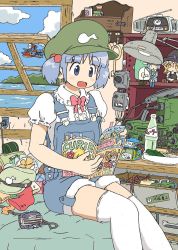 Rule 34 | 1girl, :d, aoyoshi, bed, blue eyes, blue hair, blush, book, bookshelf, bottle, bow, bowtie, cable, character doll, desk, desk lamp, electric plug, electrical outlet, hair bobbles, hair ornament, hat, unworn hat, unworn headwear, indoors, interior, jar, jpeg artifacts, kappa, kawashiro nitori, kirisame marisa, lamp, magazine (object), matching hair/eyes, open book, open mouth, open window, parody, pink bow, pink bowtie, radio, reading, ribbon, room, short hair, sitting, smile, snack, solo, stuffed toy, style parody, table, thighhighs, touhou, twintails, two side up, white thighhighs, window, wire