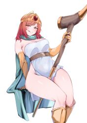 Rule 34 | 1girl, :q, absurdres, ahoge, bare shoulders, between legs, blue cape, blush, boots, breasts, cape, circlet, cleavage, cosplay, covered navel, dragon quest, dress, elbow gloves, gem, gloves, highres, holding, holding staff, hololive, hololive dev is, ichijou ririka, inuinuo gataken, large breasts, long hair, looking at viewer, orange hair, red eyes, red gemstone, sage (dq3), sage (dq3) (cosplay), sitting, smile, solo, staff, strapless, strapless dress, thick thighs, thighs, tongue, tongue out, virtual youtuber, white background, white dress, yellow footwear, yellow gloves