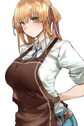 Rule 34 | 1girl, absurdres, apron, arm behind back, belt, blush, breasts, brown hair, denim, expressionless, girls&#039; frontline, green eyes, highres, jeans, kyoyakyo, large breasts, looking at viewer, pants, simple background, solo, springfield (girls&#039; frontline), twintails, white background