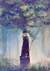 Rule 34 | 1boy, axe, black coat, blonde hair, cabbie hat, coat, dated, fabri, forest, from side, grass, hair over eyes, hat, hatchet, hatchet (axe), holding, holding axe, leaf, looking at viewer, male focus, nature, original, plant, signature, solo, tree