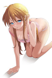 Rule 34 | 1girl, absurdres, all fours, ass, bare arms, bare legs, bare shoulders, blue eyes, blush, breasts, brown hair, cleavage, embarrassed, eye contact, facing viewer, hair down, highres, ikari shinji, long hair, looking at another, looking at viewer, navel, neon genesis evangelion, nipples, no bra, panties, pink panties, pink shirt, sasasa r 23, shiny skin, shirt, simple background, small breasts, solo, souryuu asuka langley, striped, striped panties, sweat, tsundere, underwear, underwear only, very long hair, white background
