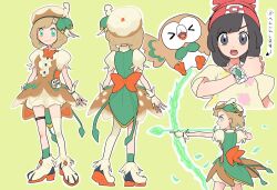 Rule 34 | 1girl, archery, aria pkmn, arrow (projectile), beanie, bird, black hair, boots, bow (weapon), cosplay, creatures (company), decidueye, decidueye (cosplay), drawing bow, dress, full body, game freak, gen 7 pokemon, gloves, green shorts, grey eyes, hair ornament, hat, highres, holding, holding arrow, holding bow (weapon), holding weapon, jewelry, magical girl, nintendo, open mouth, owl, pokemon, pokemon (creature), pokemon sm, precure, rowlet, rowlet (cosplay), selene (pokemon), shirt, short hair, shorts, smile, unofficial precure costume, weapon, z-ring