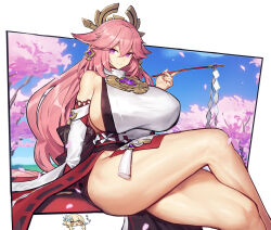 Rule 34 | 2girls, alternate breast size, animal ears, bare legs, bare shoulders, blue sky, blush, breasts, cherry blossoms, crossed legs, curvy, detached sleeves, earrings, feet out of frame, fox ears, genshin impact, gohei, hair ornament, huge breasts, jewelry, legs, long hair, looking at viewer, lumine (genshin impact), melon22, multiple girls, necklace, pendant, pink hair, purple eyes, red skirt, sideboob, sidelocks, sitting, skirt, sky, sleeveless, solo, thick thighs, thighs, tree, very long hair, wide sleeves, yae miko