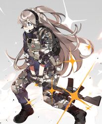 Rule 34 | 1girl, :d, backpack, bag, black footwear, blue eyes, boots, bulletproof vest, camouflage, combat boots, cross-laced footwear, from side, full body, grey hair, grin, gun, headset, highres, holding, holding gun, holding weapon, ierotak, improvised weapon, knee pads, lace-up boots, long hair, looking ahead, microphone, open mouth, original, pants, patch, profile, rifle, scope, shirt, sidelocks, sleeves rolled up, smile, sniper rifle, solo, sparkle, teeth, v-shaped eyebrows, weapon