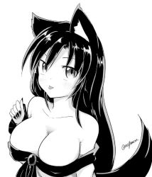 Rule 34 | 1girl, animal ears, breasts, brooch, cleavage, collarbone, dress, female focus, fingernails, greyscale, imaizumi kagerou, jewelry, large breasts, long hair, long sleeves, looking at viewer, looking up, monochrome, nail polish, open mouth, signature, simple background, solo, tail, taurine 8000mg, tongue, tongue out, touhou, white background, wide sleeves, wolf ears, wolf tail