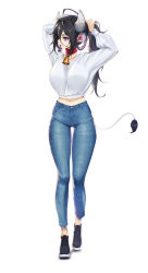 Rule 34 | 1girl, absurdres, ahoge, arms up, bell, neck bell, black hair, blueorca, breasts, clothes lift, collar, collarbone, cow girl, cow horns, cow tail, denim, eyelashes, full body, hair tie in mouth, highres, horns, jeans, jingle bell, large breasts, legs, lips, long hair, looking to the side, messy hair, mole, mole under mouth, mouth hold, navel, original, pants, ponytail, purple eyes, red collar, shoes, simple background, solo, sweater, sweater lift, tail, thigh gap, thighs, v-neck, very long hair, walking, white background, white sweater