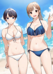 Rule 34 | 2girls, :d, arms behind back, bare shoulders, bikini, black hair, blue bikini, blue eyes, blush, breasts, brown eyes, brown hair, cleavage, closed mouth, collarbone, commentary, doushimasho, frown, highres, large breasts, long hair, looking at viewer, medium breasts, mole, mole on arm, mole on breast, mole on thigh, mole under eye, multiple girls, navel, open mouth, original, ponytail, smile, swept bangs, swimsuit, thighs, white bikini
