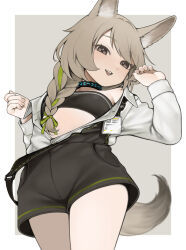 Rule 34 | 1girl, :d, animal ear fluff, animal ears, arknights, bare shoulders, beanstalk (arknights), beanstalk (elite ii) (arknights), black sports bra, blue shorts, blush, braid, breasts, brown eyes, brown hair, collar, cowboy shot, e draw paint, from below, green ribbon, grey background, hair ribbon, highres, infection monitor (arknights), long hair, long sleeves, looking at viewer, looking down, off shoulder, open clothes, open mouth, open shirt, ribbon, shirt, shorts, simple background, single braid, small breasts, smile, solo, sports bra, suspender shorts, suspenders, tail, white shirt