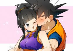 1boy 1girl black_eyes black_hair blunt_bangs blunt_sidelocks blush border chi-chi_(dragon_ball) china_dress chinese_clothes closed_eyes commentary_request couple dated_commentary dougi dragon_ball dragonball_z dress full-face_blush gamubanku hair_bun heart hetero hug hug_from_behind husband_and_wife kiss kissing_cheek looking_at_another looking_back muscular muscular_male one_eye_closed open_mouth short_hair son_goku spiked_hair sweatdrop twitter_username upper_body white_border