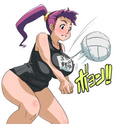 Rule 34 | !, !!, 1girl, action, ball, black one-piece swimsuit, blush, breasts, huge breasts, long hair, motion blur, one-piece swimsuit, plump, ponytail, purple hair, school swimsuit, solo, swimsuit, usatarou, volleyball, volleyball (object)