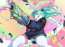 Rule 34 | 1girl, aiming, aqua hair, artist name, black jacket, black panties, black pantyhose, blue skin, bosstseng, chromatic aberration, clenched teeth, colored sclera, colored skin, colorful, creatures (company), crossover, cyberpunk (series), cyberpunk edgerunners, fang, female focus, firing, forehead, game freak, gen 1 pokemon, green eyes, gun, half-closed eyes, headgear, highres, holding, holding gun, holding weapon, jacket, leg tattoo, legs, legs apart, long hair, long sleeves, mechanical arms, multicolored eyes, nintendo, no pants, panties, pantyhose, pikachu, pokemon, pokemon (creature), rebecca (cyberpunk), red eyes, red sclera, shiny skin, shotgun, signature, smoke, solo focus, tattoo, teeth, thighs, twintails, two-handed, underwear, weapon