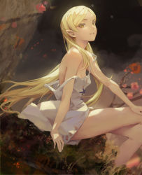 Rule 34 | 1girl, bare shoulders, blonde hair, breasts, cleavage, commentary request, dress, flower, grin, hakui (b600723), highres, kiss-shot acerola-orion heart-under-blade, kizumonogatari, long hair, looking at viewer, monogatari (series), off-shoulder dress, off shoulder, oshino shinobu, parted lips, pointy ears, revision, sitting, small breasts, smile, solo, strap slip, vampire, very long hair, white dress, yellow eyes