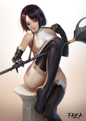 Rule 34 | areola slip, bare shoulders, black hair, bob cut, boots, breasts, dungeon and fighter, female priest (dungeon and fighter), gloves, gradient background, halterneck, high heel boots, high heels, highres, male priest (dungeon and fighter), pillar, purple eyes, short hair, sideboob, simple background, sitting, solo, staff, thigh boots, thighhighs, yuuyuucaneat