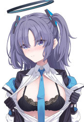 Rule 34 | 1girl, absurdres, black bra, black gloves, blue archive, blue necktie, blush, bra, breasts, breasts out, closed mouth, clothes pull, collared shirt, commentary, eyes visible through hair, gloves, halo, highres, jacket, kurageumisawa, large breasts, long hair, long sleeves, looking at viewer, mechanical halo, necktie, off shoulder, parted bangs, purple eyes, purple hair, shirt, shirt pull, simple background, solo, two side up, underwear, v-shaped eyebrows, white background, white shirt, yuuka (blue archive)