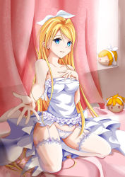Rule 34 | &gt; &lt;, 1girl, alternate hair length, alternate hairstyle, bad id, bad pixiv id, bare shoulders, bed, blonde hair, blue eyes, blush, bow, breast suppress, bride, cameltoe, character doll, closed eyes, curtains, dress, fingernails, flower, frills, garter straps, highres, kagamine len, kagamine rin, lace, long fingernails, long hair, looking at viewer, panties, qian gong yu, reaching, ribbon, see-through, signature, sitting, solo, spread fingers, strapless, strapless dress, swept bangs, thighhighs, underwear, very long hair, vocaloid, white bow, white dress, white panties, white thighhighs