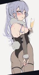 Rule 34 | 1girl, alternate costume, black leotard, black pantyhose, blue eyes, blue hair, bridal gauntlets, champagne flute, chigasaki yukari, cowboy shot, cup, drinking glass, from behind, gotland (kancolle), highres, kantai collection, leotard, long hair, looking at viewer, mole, mole under eye, pantyhose, playboy bunny, ponytail, rabbit tail, solo, strapless, strapless leotard, tail, white background