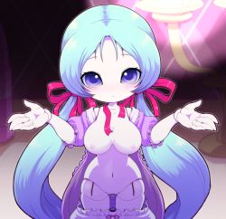 Rule 34 | 1girl, arms up, bloomers, bloomers pull, blue eyes, blue hair, breasts, commentary request, doll, doll joints, dress, expressionless, forehead, groin, joints, long hair, looking at viewer, low twintails, navel, nightgown, nipples, nollety, open clothes, open dress, original, outstretched arms, outstretched hand, pink dress, pink nightgown, pussy, ribbon, solo, twintails, underwear, very long hair, white bloomers