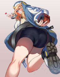 1boy absurdres ass bad_id bad_pixiv_id bike_shorts blonde_hair blush bridget_(guilty_gear) fingerless_gloves from_behind gloves grin guilty_gear guilty_gear_strive highres hood hooded_jacket jacket long_hair looking_at_viewer male_focus one_eye_closed pleated_skirt simple_background skirt smile solo teeth toin_(iitoin) trap white_background yo-yo