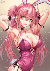 Rule 34 | 1girl, animal ears, arms behind head, arms up, bare shoulders, breasts, cleavage, collarbone, covered navel, cross-laced clothes, earrings, fake animal ears, fake tail, gradient background, green eyes, hair between eyes, highleg, highleg leotard, highres, jewelry, large breasts, leotard, long hair, looking at viewer, original, pink hair, pink leotard, playboy bunny, rabbit ears, rabbit tail, sakiyamama, smile, solo, tail, twintails, upper body, very long hair