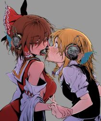 Rule 34 | 2girls, absurdres, black vest, blonde hair, bow, braid, breasts, brown hair, bug, commentary request, cookie (touhou), detached sleeves, dutch angle, frilled bow, frilled hair tubes, frills, grey background, hair bow, hair tubes, hakurei reimu, headphones, highres, holding another&#039;s wrist, horror (theme), kirisame marisa, long hair, looking at another, manatsu no yo no inmu, medium breasts, multiple girls, open mouth, purple bow, real life, red bow, red eyes, red shirt, red skirt, reu (cookie), ribbon-trimmed sleeves, ribbon trim, shirt, short hair with long locks, side braid, sideboob, simple background, single braid, site supervisor, skirt, sleeveless, sleeveless shirt, toteraba, touhou, uzuki (cookie), vest, vomit, white shirt, white sleeves, you the rock