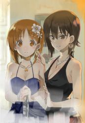 Rule 34 | 10s, 2girls, black dress, blue dress, breasts, brown eyes, brown hair, cleavage, collarbone, cosmic (crownclowncosmic), dress, earrings, flower, girls und panzer, gloves, hair between eyes, hair flower, hair ornament, hand on another&#039;s arm, hand on another&#039;s shoulder, highres, indoors, jewelry, large breasts, medium breasts, multiple girls, necklace, nishizumi maho, nishizumi miho, own hands together, parted lips, reflection, short hair, siblings, single earring, sisters, tareme, tsurime
