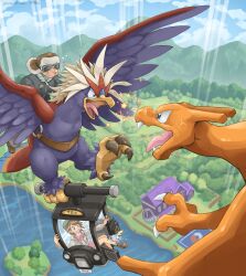 Rule 34 | 1boy, 1girl, absurdres, anger vein, arm up, artist name, aviator cap, bench, black jacket, blue eyes, blue sky, boots, braviary, brown eyes, brown footwear, brown hair, brown headwear, building, cabbie (pokemon), cardigan, charizard, claws, cloud, cloudy sky, commentary request, creatures (company), crying, dated, day, dress, fangs, flying, fur-trimmed headwear, fur trim, game freak, gen 1 pokemon, gen 5 pokemon, gen 8 pokemon, gloria (pokemon), goggles, green headwear, green socks, grey cardigan, grey pants, hat, highres, island, jacket, katkichi, long sleeves, mountainous horizon, nintendo, open mouth, outdoors, outstretched arm, pants, pink dress, pokemon, pokemon (creature), pokemon swsh, pom pom (clothes), purple eyes, riding, shoes, sitting, sky, sobble, socks, sweatdrop, swept bangs, talons, tam o&#039; shanter, tears, teeth, tongue, tongue out, tree, v-shaped eyebrows, water, watermark