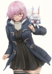 Rule 34 | 1girl, absurdres, alternate costume, black-framed eyewear, black dress, blue coat, blush, bow, coat, commentary, creature, dress, duffel coat, fate/grand order, fate (series), fou (fate), free style (yohan1754), glasses, hair over one eye, highres, hood, hooded coat, looking at viewer, mash kyrielight, on shoulder, open mouth, pink eyes, pink hair, purple eyes, ribbed sweater, short hair, skirt, sweater, thighhighs, thighs