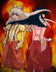 Rule 34 | &gt;:), 2girls, black hair, blunt bangs, bow, buttons, closed mouth, dagger, female focus, fire, floral print, fujiwara no mokou, hair bow, hands in pockets, holding, holding weapon, houraisan kaguya, juliet sleeves, knife, long hair, long skirt, long sleeves, looking at viewer, multi-tied hair, multiple girls, pants, profile, puffy sleeves, red eyes, red pants, red skirt, sa haru, silver hair, skirt, smile, standing, suspenders, touhou, v-shaped eyebrows, very long hair, weapon, white bow, yellow eyes