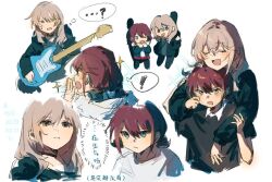 ! 2girls black_jacket black_pants black_pantyhose black_sweater blue_eyes brown_hair cheek_pull chibi commentary double_middle_finger electric_guitar girls_band_cry grey_eyes grey_hair grey_hoodie guitar hashtag-only_commentary holding holding_plectrum hood hood_down hoodie instrument iseri_nina jacket kawaragi_momoka long_hair long_sleeves low_twintails middle_finger multicolored_hair multiple_girls open_clothes open_jacket open_mouth pants pantyhose playing_guitar plectrum red_skirt roots_(hair) shirane1619 shirt short_hair short_twintails skirt spoken_exclamation_mark sweater translation_request twintails white_shirt