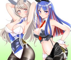 Rule 34 | 2girls, absurdres, adapted costume, ahoge, alternate costume, animal ears, arm behind head, between breasts, black legwear, black skirt, blue eyes, blue hair, blue neckwear, breasts, cleavage, clothes writing, cowboy shot, detached collar, fake animal ears, fake tail, gradient background, green background, grey eyes, highres, kantai collection, leotard, long hair, medium breasts, midriff, miniskirt, multicolored hair, multicolored leotard, multiple girls, navel, necktie, necktie between breasts, nitamako (sakamalh), pantyhose, pencil skirt, playboy bunny, rabbit ears, rabbit tail, red hair, red neckwear, skirt, south dakota (kancolle), star (symbol), tail, thighband pantyhose, thighhighs, washington (kancolle), white background, white hair, wrist cuffs