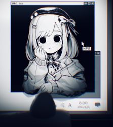 Rule 34 | 1girl, beret, bow, brooch, chromatic aberration, commentary request, cursor, empty eyes, greyscale, hair ornament, hand on own cheek, hand on own face, hat, hatyuuruinohito, highres, jacket, jewelry, long sleeves, looking at viewer, medium hair, monochrome, nijisanji, smile, solid circle pupils, solo, suzuhara lulu, suzuhara lulu (1st costume), user interface, virtual youtuber, x hair ornament