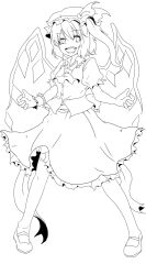 Rule 34 | 1girl, ascot, back bow, bow, breasts, buttons, flandre scarlet, frilled shirt collar, frilled skirt, frilled sleeves, frills, full body, greyscale, hat, hat ribbon, kouno miki, large bow, making-of, mary janes, medium hair, mob cap, monochrome, one side up, puffy short sleeves, puffy sleeves, ribbon, shirt, shoes, short sleeves, skirt, small breasts, solo, thighhighs, touhou, vest, wings, wrist cuffs
