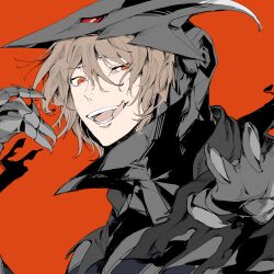 Rule 34 | 1boy, absurdres, akechi gorou, brown hair, chiru illust, clawed gauntlets, crazy eyes, highres, open mouth, persona, persona 5, red background, red eyes, smile, tongue, tongue out