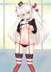 Rule 34 | 1girl, amatsukaze (kancolle), black panties, blush, breasts, brown dress, brown eyes, dress, garter straps, gloves, hair tubes, hairband, highres, kantai collection, lifebuoy, lifted by self, long hair, looking at viewer, nendoroya, nipples, open mouth, panties, sailor dress, short dress, silver hair, small breasts, solo, striped clothes, striped thighhighs, swim ring, thighhighs, two side up, underwear, white gloves