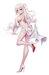 Rule 34 | 1girl, absurdres, ass, azur lane, backless dress, backless outfit, bad id, bad pixiv id, bare shoulders, blunt bangs, blush, breasts, butt crack, car, clothes lift, commentary request, dress, dress lift, earrings, evening gown, fingernails, hair ornament, hair ribbon, hairclip, halter dress, halterneck, high heels, highres, huge breasts, jewelry, large breasts, lifted by self, long hair, looking at viewer, mole, mole under eye, motor vehicle, nail polish, necklace, one side up, parted lips, plunging neckline, red eyes, red nails, revealing clothes, ribbon, side ponytail, sideboob, sidelocks, silver dress, silver hair, simple background, st. louis (azur lane), st. louis (luxurious wheels) (azur lane), standing, standing on one leg, white background, white footwear, whois