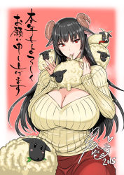 Rule 34 | 10s, 1girl, 2015, akeome, animal ears, black hair, breasts, cleavage, cleavage cutout, clothing cutout, curvy, fei (maidoll), happy new year, horns, huge breasts, lips, long hair, meme attire, mouth hold, new year, open-chest sweater, original, red eyes, ribbed sweater, sheep, sheep ears, sheep horns, smile, solo, sweater, thick lips, turtleneck, wide hips