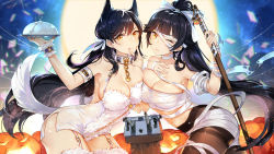 Rule 34 | 2girls, :q, ;(, adapted costume, animal ears, arm belt, armpits, asymmetrical docking, atago (azur lane), azur lane, bare shoulders, black hair, black legwear, blunt bangs, blurry, blush, breast press, breasts, buckle, budget sarashi, chain, cleavage, closed mouth, collar, collarbone, cowboy shot, depth of field, finger to mouth, full moon, garter straps, gold chain, hair ribbon, hand on own chest, hatoyama itsuru, heart, high ponytail, holding, holding sword, holding weapon, jack-o&#039;-lantern, large breasts, leaning forward, leotard, light particles, long hair, looking at viewer, mole, mole under mouth, moon, multiple girls, navel, pantyhose, pumpkin, ribbon, robot, sarashi, smile, strapless, strapless leotard, sword, tail, takao (azur lane), thighband pantyhose, thighhighs, tongue, tongue out, very long hair, weapon, white legwear, white leotard, white ribbon, wrist cuffs, yellow eyes, zipper