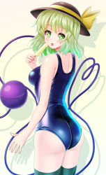 Rule 34 | 1girl, :o, alternate costume, ass, bare arms, bare shoulders, black hat, blush, bow, breasts, drop shadow, eyeball, flat ass, food, from side, green eyes, green hair, green thighhighs, hat, hat bow, heart, heart of string, holding, holding food, honda takaharu, komeiji koishi, looking at viewer, looking back, looking to the side, matching hair/eyes, one-piece swimsuit, popsicle, school swimsuit, solo, swimsuit, thighhighs, third eye, tongue, tongue out, touhou, yellow bow