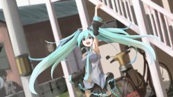 Rule 34 | 1girl, aqua hair, bicycle, building, female focus, fushichou, hatsune miku, long hair, motor vehicle, motorcycle, necktie, skirt, solo, stairs, thighhighs, twintails, vocaloid