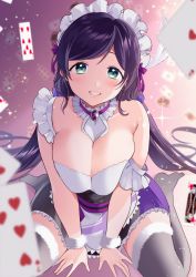 Rule 34 | 1girl, :d, absurdres, ace (playing card), ace of hearts, apron, aqua eyes, arm support, ascot, bare shoulders, black thighhighs, blurry, blurry background, blush, bow, breasts, breasts squeezed together, card, chocolate, choker, cleavage, collarbone, cross-laced clothes, detached collar, frilled choker, frilled shirt collar, frilled skirt, frilled straps, frills, fur-trimmed legwear, fur trim, gradient background, green eyes, grin, hair ornament, hair scrunchie, headdress, heart, highres, jewelry, kazepana, king (playing card), king of hearts (playing card), large breasts, light blush, long hair, looking at viewer, love live!, love live! school idol project, low twintails, maid, maid apron, maid headdress, miniskirt, mogyutto &quot;love&quot; de sekkin chuu!, mouth hold, multicolored hair, open mouth, pendant, playing card, purple bow, purple hair, purple scrunchie, scrunchie, seven of hearts, sitting, skirt, sleeveless, smile, solo, strap slip, swept bangs, thighhighs, tojo nozomi, twintails, wariza