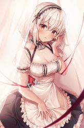 Rule 34 | 1girl, anchor choker, apron, azur lane, bad id, bad pixiv id, blush, breasts, choker, cleavage, collarbone, dress, hair between eyes, hairband, hand in own hair, head tilt, highres, lace-trimmed hairband, lace trim, large breasts, looking at viewer, maid, puffy short sleeves, puffy sleeves, red eyes, red ribbon, ribbon, short hair, short sleeves, sidelocks, sirius (azur lane), sitting, solo, sparkle, ttosom, white hair