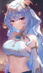 Rule 34 | 1girl, absurdres, artist name, bare shoulders, blue hair, blush, breasts, brooch, commentary request, cosplay, crop top, detached sleeves, ganyu (genshin impact), genshin impact, hair between eyes, highres, horns, jewelry, large breasts, lightria, long hair, long sleeves, looking at viewer, midriff, navel, nilou (genshin impact), nilou (genshin impact) (cosplay), purple eyes, signature, solo, stomach, veil