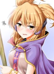 Rule 34 | 1girl, blonde hair, blouse, blue background, blush, bracelet, breasts, cape, commentary request, earmuffs, gradient background, hair between eyes, high collar, highres, holding, jewelry, looking at viewer, medium breasts, open mouth, oshiaki, outline, pointy hair, purple cape, ritual baton, shirt, short hair, solo, squiggle, touhou, toyosatomimi no miko, upper body, white background, white outline, yellow eyes